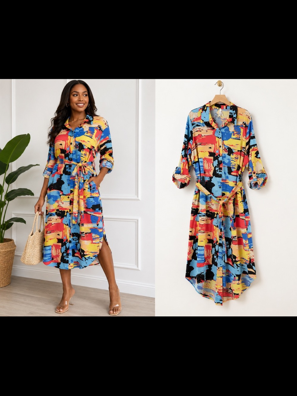 Abstract Brushstroke Shirt Midi Dress with Tie Belt - Blue/Red/Yellow